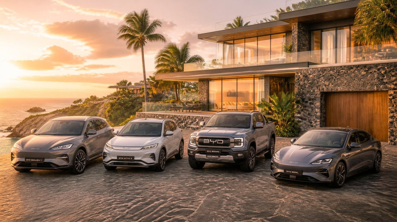 BYD Sea Lion 7, Atto 3, Shark and Seal at a Caribbean cliffside villa